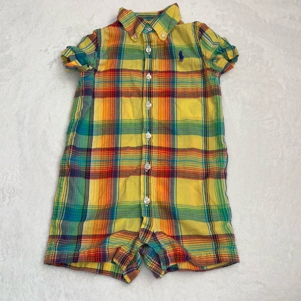 Ralph Lauren 12 month green and yellow plaid button up romper